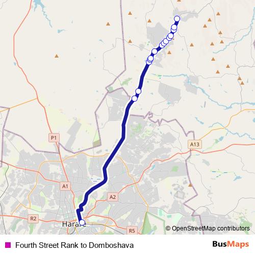 Fourth Street Rank to Domboshava bus Line Map