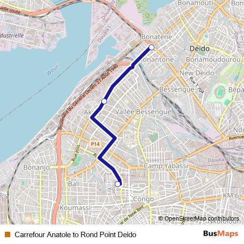 Carrefour Anatole to Rond Point Deido bus Line Map