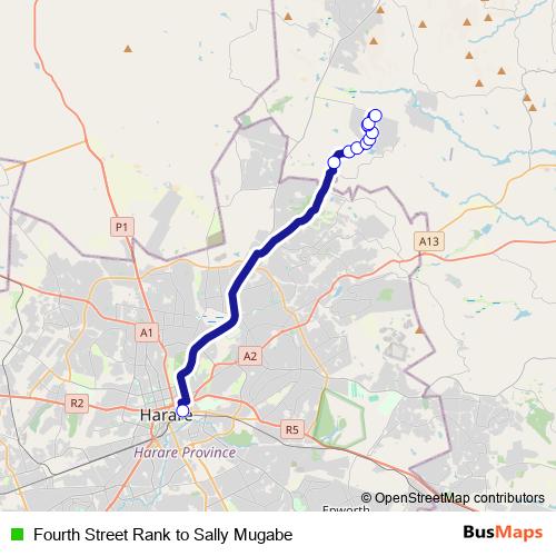 Fourth Street Rank to Sally Mugabe bus Line Map