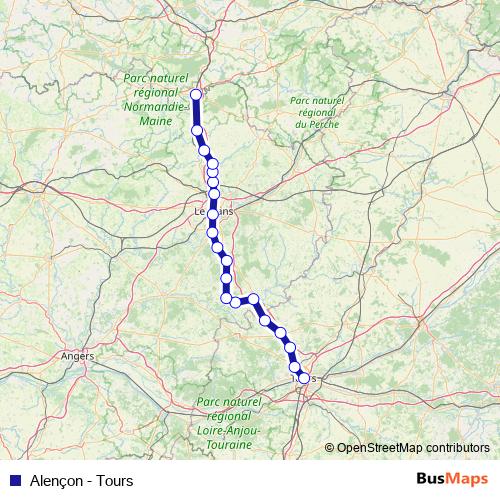 Alençon - Tours rail Line Map