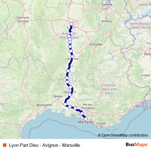 Lyon Part Dieu - Avignon - Marseille rail Line Map