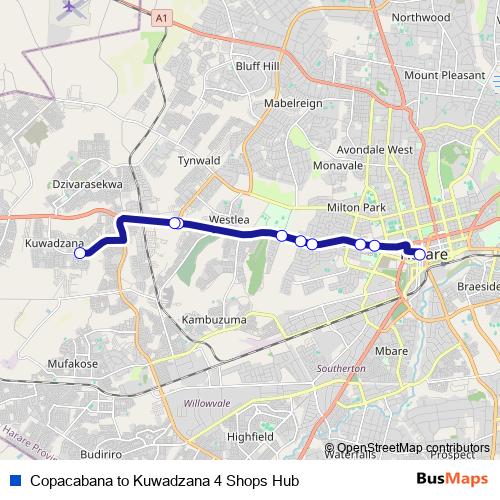 Copacabana to Kuwadzana 4 Shops Hub bus Line Map