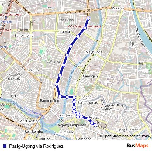 Pasig-Ugong via Rodriguez bus Line Map