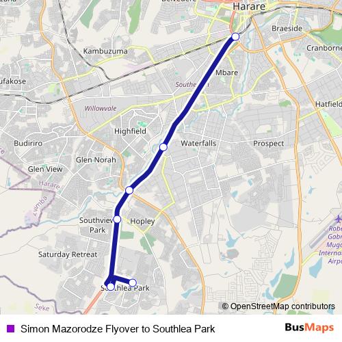 Simon Mazorodze Flyover to Southlea Park bus Line Map