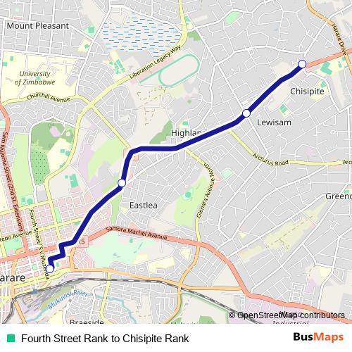 Fourth Street Rank to Chisipite Rank bus Line Map