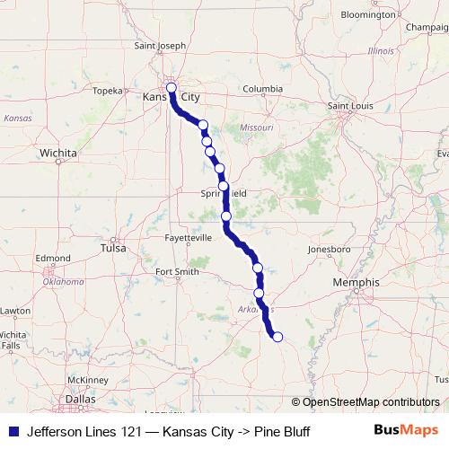 Jefferson Lines 121 bus Line Map