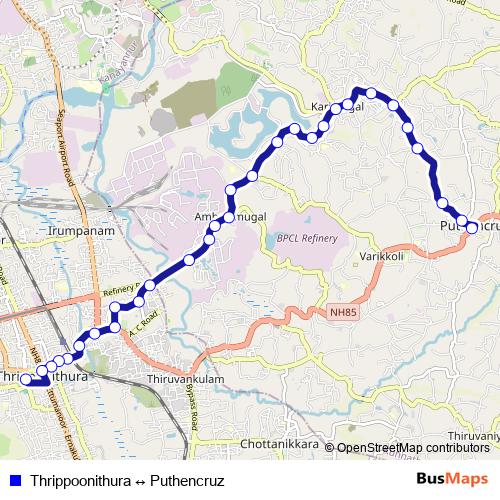 Thrippoonithura ↔ Puthencruz bus Line Map