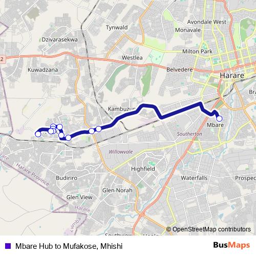 Mbare Hub to Mufakose, Mhishi bus Line Map