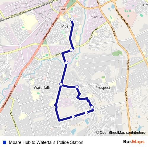 Mbare Hub to Waterfalls Police Station bus Line Map