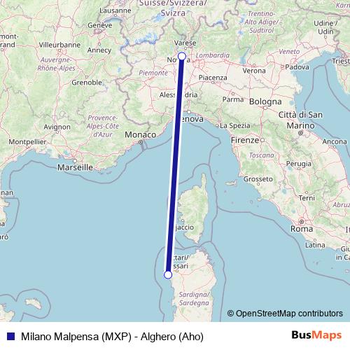 Milano Malpensa (MXP) - Alghero (Aho) air Line Map