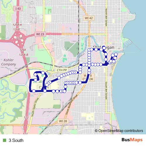3 South bus Line Map