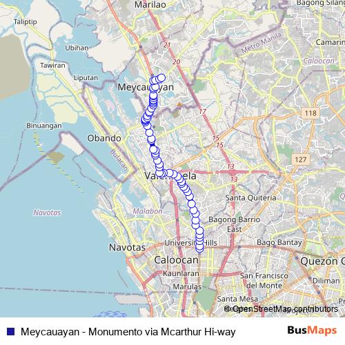 Meycauayan - Monumento via Mcarthur Hi-way bus Line Map