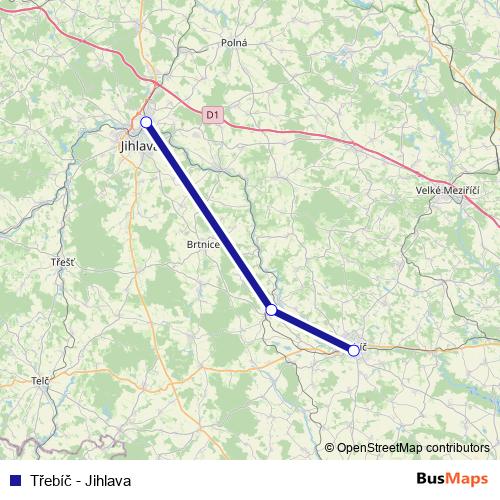 Třebíč - Jihlava rail Line Map