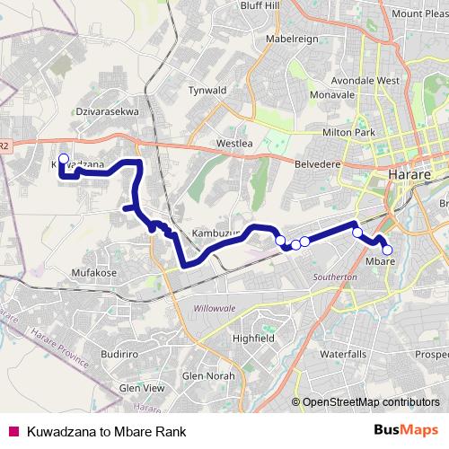 Kuwadzana to Mbare Rank bus Line Map