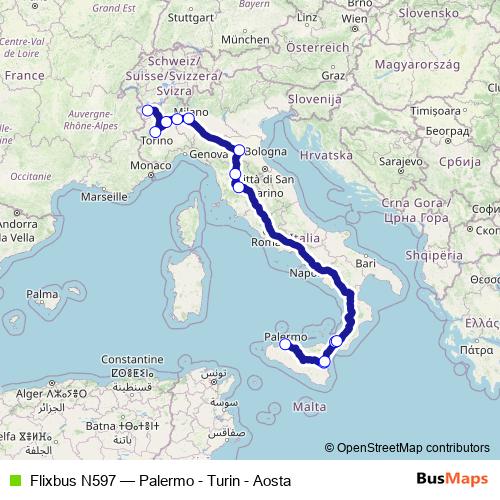 Flixbus N597 bus Line Map