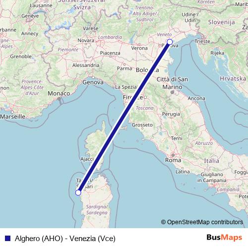 Alghero (AHO) - Venezia (Vce) air Line Map
