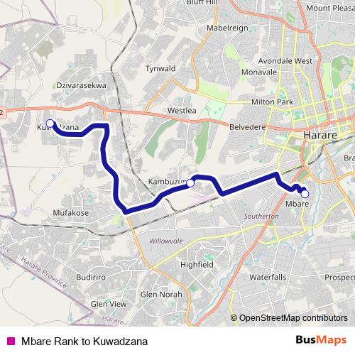Mbare Rank to Kuwadzana bus Line Map