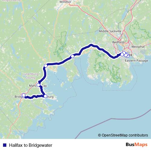 Halifax to Bridgewater bus Line Map