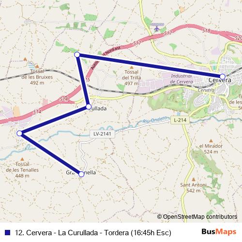 12. Cervera - La Curullada - Tordera (16:45h Esc) bus Line Map