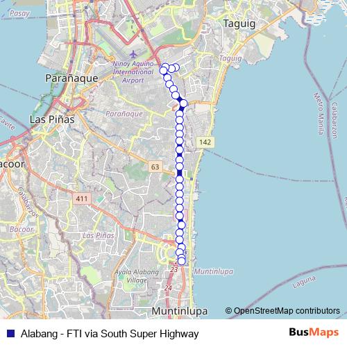 Alabang - FTI via South Super Highway bus Line Map
