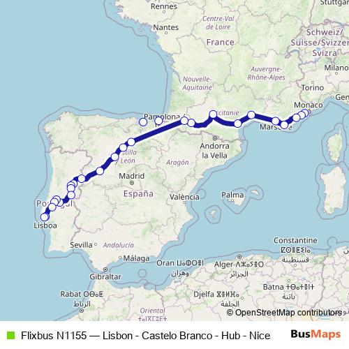 Flixbus N1155 bus Line Map