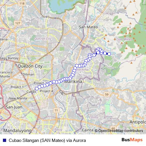 Cubao Silangan (SAN Mateo) via Aurora bus Line Map