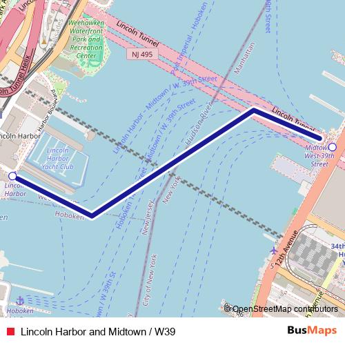 Lincoln Harbor and Midtown / W39 ferry Line Map