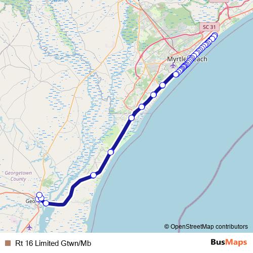 Rt 16 Limited Gtwn/Mb bus Line Map