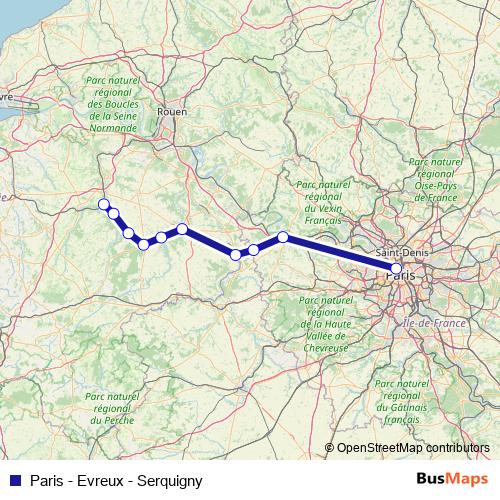 Paris - Evreux - Serquigny rail Line Map