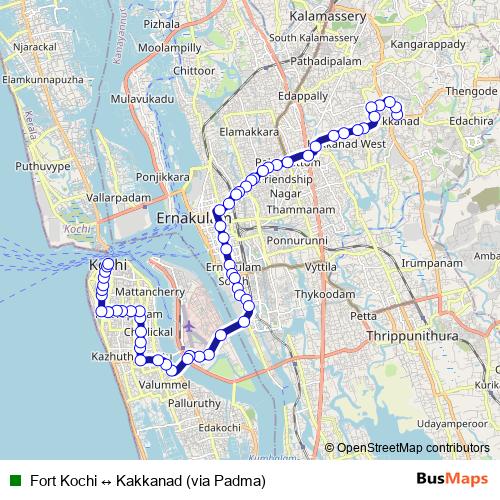 Fort Kochi ↔ Kakkanad (via Padma) bus Line Map