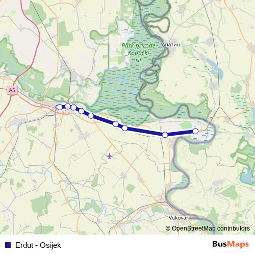 Erdut - Osijek rail Line Map