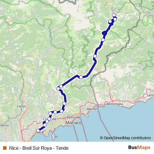Nice - Breil Sur Roya - Tende rail Line Map