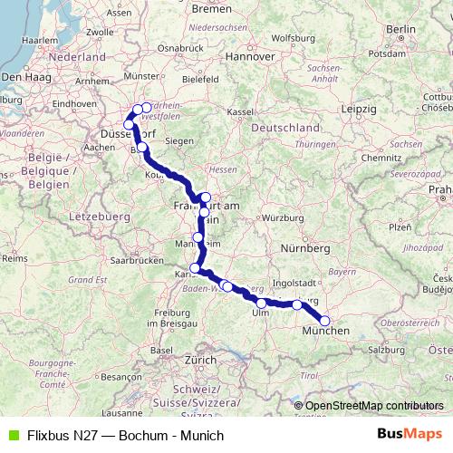 Flixbus N27 bus Line Map