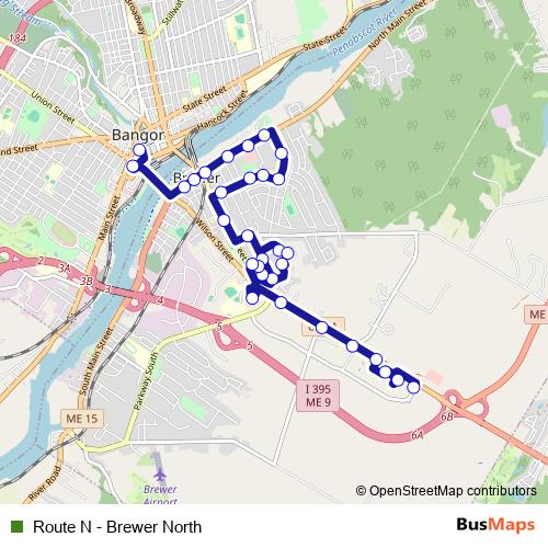 Route N - Brewer North bus Line Map
