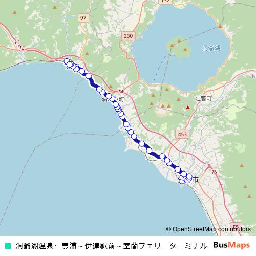 洞爺湖温泉・豊浦~伊達駅前~室蘭フェリーターミナル bus Line Map