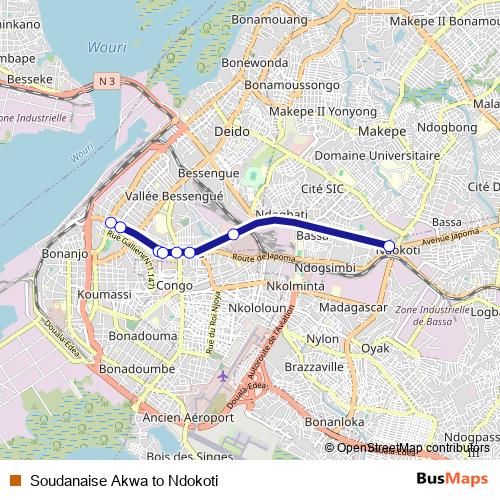 Soudanaise Akwa to Ndokoti bus Line Map