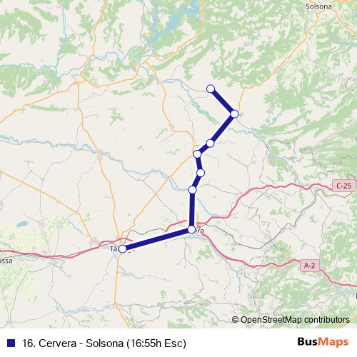 16. Cervera - Solsona (16:55h Esc) bus Line Map