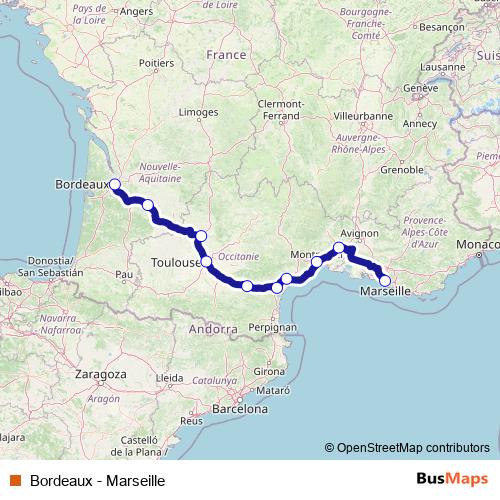 Bordeaux - Marseille rail Line Map
