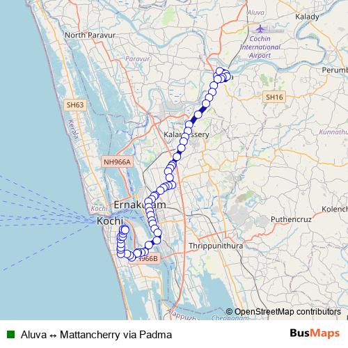 Aluva ↔ Mattancherry via Padma bus Line Map