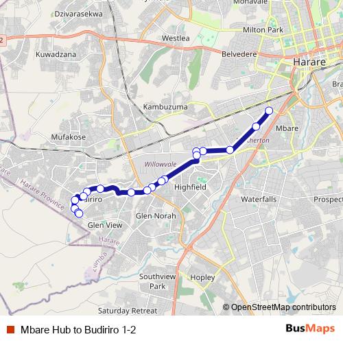 Mbare Hub to Budiriro 1-2 bus Line Map