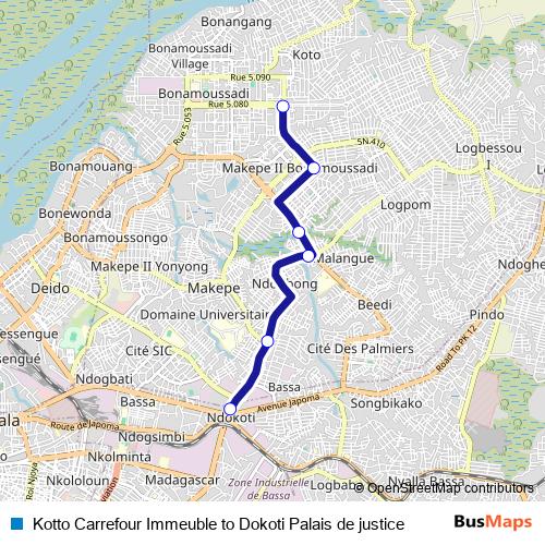 Kotto Carrefour Immeuble to Dokoti Palais de justice bus Line Map