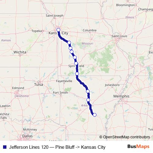 Jefferson Lines 120 bus Line Map