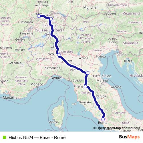 Flixbus N524 bus Line Map