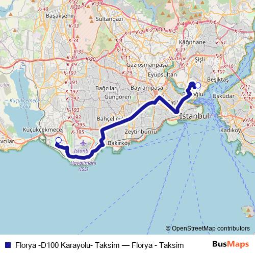 Florya -D100 Karayolu- Taksim bus Line Map