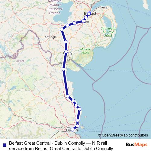 Belfast Great Central - Dublin Connolly rail Line Map