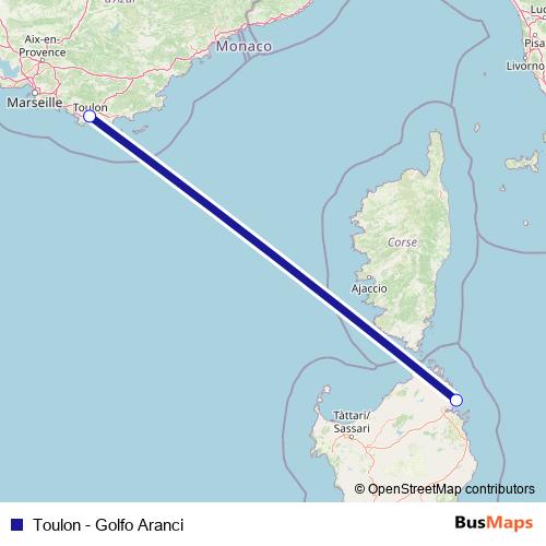 Toulon - Golfo Aranci ferry Line Map