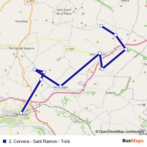 2. Cervera - Sant Ramon - Torà bus Line Map