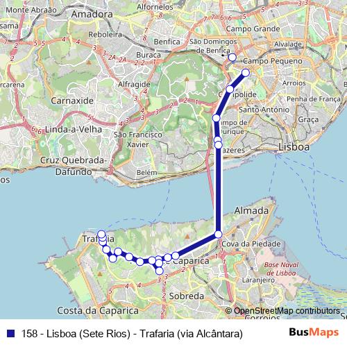 158 - Lisboa (Sete Rios) - Trafaria (via Alcântara) bus Line Map