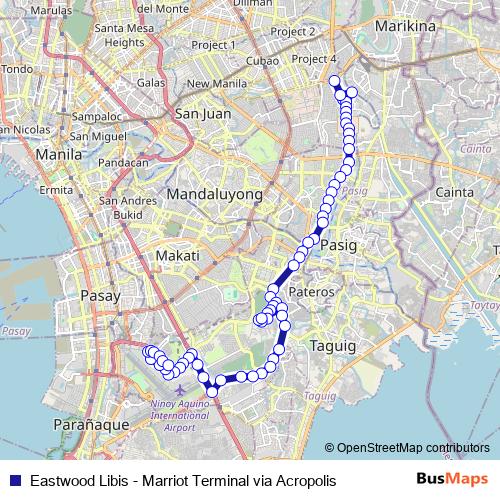 Eastwood Libis - Marriot Terminal via Acropolis bus Line Map