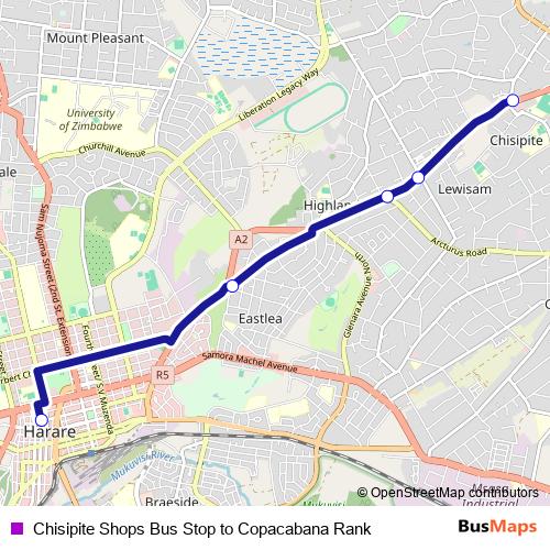Chisipite Shops Bus Stop to Copacabana Rank bus Line Map